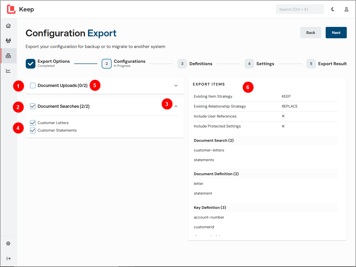 The Configurations page of the Configuration Export process.
